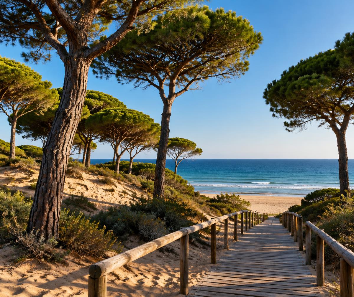 Paseo de madera entre pinos hacia la playa de Mazagón